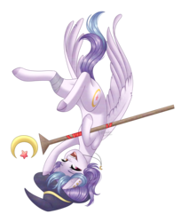 Size: 2293x2809 | Tagged: safe, artist:ohhoneybee, oc, oc only, oc:shylu, pegasus, pony, female, hat, high res, mare, simple background, solo, staff, transparent background, upside down, witch hat