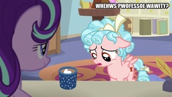 Size: 800x450 | Tagged: safe, edit, edited screencap, screencap, cozy glow, starlight glimmer, pegasus, pony, g4, marks for effort, caption, chocolate, cup, empathy cocoa, female, filly, food, hot chocolate, image macro, implied rarity, lisp, marshmallow, mug, rarity is a marshmallow, starlight's office, text