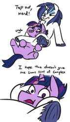 Size: 463x807 | Tagged: safe, artist:jargon scott, shining armor, twilight sparkle, pony, unicorn, g4, brother and sister, chokehold, comic, dialogue, dusk shine, female, gleaming shield, leg lock, lip bite, male, nerd, rule 63, siblings, simple background, sports, tempting fate, this will end in incest, unicorn dusk shine, unicorn twilight, we never had one single fight, white background, wrestling