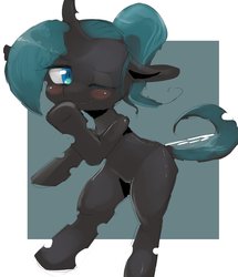Size: 2294x2667 | Tagged: safe, artist:yajima, queen chrysalis, changeling, changeling queen, g4, blushing, cute, cutealis, female, high res, looking at you, one eye closed, simple background, smiling, solo, standing, wink