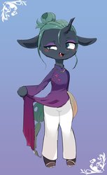 Size: 1964x3216 | Tagged: safe, artist:yajima, queen chrysalis, changeling, changeling queen, semi-anthro, g4, ao dai, arm hooves, clothes, cute, cutealis, eyeshadow, female, makeup, snaggletooth, solo