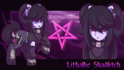 Size: 3840x2160 | Tagged: safe, artist:ciderpunk, oc, oc only, oc:lithalbe shadlitch, demon, demon pony, goat, goat pony, original species, undead, armor, choker, cutie mark background, darksynth, demon horns, ear piercing, earring, eyeshadow, glowing, glowing eyes, goth, high res, horn, horns, jewelry, lips, looking at you, makeup, necklace, neon, pentagram, piercing, spikes, underworld