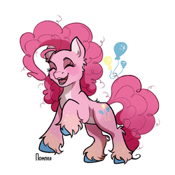 Size: 2910x2910 | Tagged: safe, artist:gaypompeii, artist:klaatu_barada_niktoo, pinkie pie, earth pony, pony, g4, alternate design, blushing, chest fluff, colored hooves, eyes closed, female, happy, high res, leg fluff, mare, markings, open mouth, pale belly, raised hoof, redesign, simple background, solo, unshorn fetlocks, white background