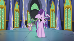 Size: 1280x720 | Tagged: safe, screencap, spike, starlight glimmer, g4, the crystalling, floppy ears, hallway, twilight's castle