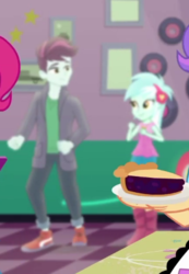 Size: 289x418 | Tagged: safe, screencap, lyra heartstrings, track starr, equestria girls, five stars, g4, my little pony equestria girls: better together, background human, cropped, dancing, female, food, male, pie