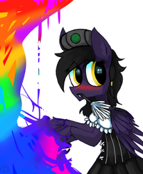 Size: 1400x1700 | Tagged: source needed, useless source url, safe, artist:bo0ottle, oc, oc only, oc:mir, goo, pegasus, pony, beret, blushing, clothes, duster, eye reflection, female, hat, maid, rainbow, reflection, solo, worried