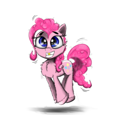 Size: 1250x1180 | Tagged: safe, artist:chopsticks, pinkie pie, earth pony, pony, g4, butt fluff, cheek fluff, chest fluff, ear fluff, female, gold tooth, hoof fluff, jumping, looking at you, mare, pronking, smiling, solo