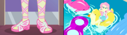 Size: 1440x404 | Tagged: safe, edit, edited screencap, screencap, fluttershy, equestria girls, g4, i'm on a yacht, my little pony equestria girls: better together, so much more to me, barefoot, comparison, feet, floaty, flutterfeet, foot focus, open-toed shoes, soles, swimming pool, toes, water, wiggling toes