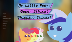 Size: 1312x768 | Tagged: safe, artist:caramel truffle, apple bloom, minuette, scootaloo, sweetie belle, earth pony, pegasus, pony, unicorn, g4, chibi, cutie mark crusaders, pointy ponies, preview, professor genki's super ethical reality climax, promotional art, saints row, text, visual novel