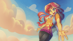 Size: 2133x1200 | Tagged: safe, artist:light262, sunset shimmer, equestria girls, g4, clothes, cloud, cute, female, geode of empathy, happy, looking at you, magical geodes, open mouth, shimmerbetes, shirt, sky, smiling, solo, wallpaper