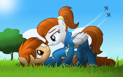 Size: 800x506 | Tagged: safe, artist:jhayarr23, oc, oc only, oc:razor winds, oc:sky chase, pegasus, pony, clothes, cute, female, grass field, male, oc x oc, shipping, skywinds, straight, this will end in snuggles, uniform, wonderbolts, wonderbolts uniform