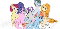 Size: 2484x1200 | Tagged: safe, artist:multi-faceted, cloudy quartz, cookie crumbles, pear butter, posey shy, twilight velvet, windy whistles, pony, g4, female, mom six, mother