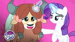 Size: 1280x720 | Tagged: safe, screencap, rarity, yona, pony, unicorn, yak, g4, she's all yak, bipedal, bow, brush, cloven hooves, duo, eyeshadow, female, fit right in, hair bow, makeover, makeup, mare, monkey swings, song