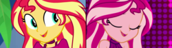 Size: 1440x404 | Tagged: safe, sunset shimmer, equestria girls, equestria girls series, g4, i'm on a yacht, spoiler:eqg series (season 2), close-up, female, looking at you, neon eg logo, smiling