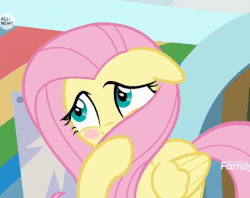 Size: 619x490 | Tagged: safe, screencap, fluttershy, pegasus, pony, g4, season 9, she's all yak, animated, blush sticker, blushing, cropped, cute, discovery family logo, female, gif, loop, shyabetes, solo