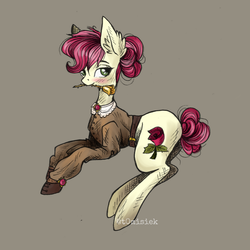 Size: 4455x4455 | Tagged: safe, artist:schizoidtomii, roseluck, earth pony, pony, g4, background pony, blushing, clothes, female, mare, mouth hold, simple background, solo, steampunk