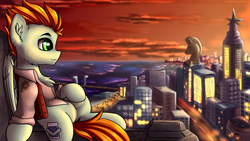 Size: 2700x1519 | Tagged: safe, artist:shido-tara, oc, oc only, pegasus, pony, bridge, city, cityscape, clothes, commission, crystaller building, evening, lights, male, manehattan, scenery, smiling, solo, sunset