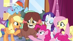 Size: 1920x1080 | Tagged: safe, screencap, applejack, fluttershy, pinkie pie, rainbow dash, rarity, yona, earth pony, pegasus, pony, unicorn, yak, g4, she's all yak, bow, cloven hooves, cowboy hat, discovery family logo, female, fit right in, hair bow, hat, mare, monkey swings, reprise