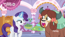 Size: 883x497 | Tagged: safe, screencap, rarity, yona, pony, yak, g4, she's all yak, animated, brussel sprouts, female, force feeding