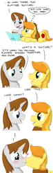 Size: 428x1386 | Tagged: safe, artist:hoofclid, braeburn, oc, oc:hoofclid, pony, g4, blushing, book, canon x oc, cute, gay, heart, kissing, male, pony on pony action, science, smooch, stallion, stallion on stallion, thought bubble, weapons-grade cute
