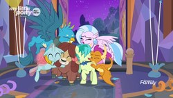 Size: 1920x1080 | Tagged: safe, screencap, gallus, ocellus, sandbar, silverstream, smolder, yona, changedling, changeling, classical hippogriff, dragon, earth pony, griffon, hippogriff, pony, yak, g4, she's all yak, bow, bowtie, cloven hooves, colored hooves, cute, diaocelles, diastreamies, discovery family logo, dragoness, female, gallabetes, group hug, hair bow, hug, jewelry, male, monkey swings, necklace, sandabetes, smolderbetes, stallion, student six, teenager, yonadorable