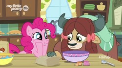 Size: 1920x1080 | Tagged: safe, screencap, pinkie pie, yona, earth pony, pony, yak, g4, she's all yak, bow, cloven hooves, cute, diapinkes, discovery family logo, duo, female, food, hair bow, monkey swings, pie, yonadorable