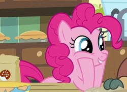 Size: 909x658 | Tagged: safe, screencap, pinkie pie, yona, earth pony, pony, yak, g4, she's all yak, bow, cloven hooves, cropped, cute, diapinkes, duo, female, hair bow, mare, monkey swings, solo focus