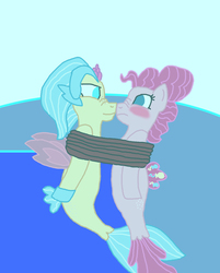 Size: 1300x1615 | Tagged: safe, artist:bigpurplemuppet99, pinkie pie, princess skystar, pony, seapony (g4), g4, adult, blushing, boop, bound together, female, lesbian, noseboop, rope, seaponified, seapony pinkie pie, ship:skypie, shipping, species swap, tied up