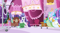 Size: 883x494 | Tagged: safe, screencap, rarity, yona, pony, unicorn, yak, g4, she's all yak, animated, bow, clothes, cloven hooves, dancing, dress, duo, female, fit right in, hair bow, mare, monkey swings, puffy sleeves, spinning