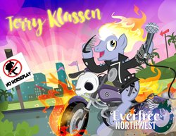 Size: 2048x1583 | Tagged: safe, artist:pixelkitties, pinkie pie, pony, g4, clothes, everfree northwest, ghost rider, jacket, leather jacket, mane on fire, microphone, motorcycle, pixelkitties' brilliant autograph media artwork, ponified, sign, tail on fire, terry klassen
