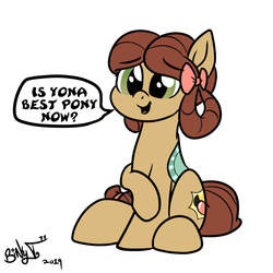 Size: 2000x2000 | Tagged: safe, artist:binkyt11, yona, pony, g4, she's all yak, best pony, bow, cute, female, high res, mare, ponified, pony yona, simple background, solo, species swap, speech bubble, white background, yonadorable