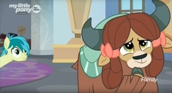 Size: 1660x894 | Tagged: safe, screencap, sandbar, yona, earth pony, pony, yak, g4, she's all yak, bow, cloven hooves, duo, eyes on the prize, female, hair bow, male, monkey swings, stallion, teenager, thousand yard stare
