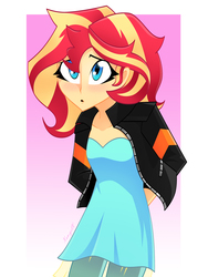 Size: 2448x3264 | Tagged: safe, artist:xan-gelx, sunset shimmer, human, equestria girls, g4, alternate hairstyle, clothes, female, hands behind back, high res, jacket, leather jacket, open mouth, pants, solo