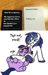 Size: 500x787 | Tagged: safe, artist:jargon scott, edit, shining armor, twilight sparkle, pony, g4, brother and sister, cards against humanity, chokehold, dialogue, dusk shine, female, gleaming shield, leg lock, lip bite, male, rule 63, siblings, simple background, sports, we never had one single fight, white background, wrestling