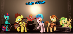 Size: 1031x492 | Tagged: safe, artist:sky chaser, mandopony, oc, oc:acousticbrony, oc:edu, oc:sky chaser, oc:the living tombstone, oc:wooden toaster, pony, 3d, band, beard, drums, facial hair, group, guitar, headphones, keyboard, microphone, musical instrument, pony adventure, source filmmaker