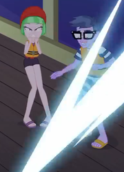Size: 380x527 | Tagged: safe, screencap, drama letter, microchips, watermelody, equestria girls, equestria girls series, g4, spring breakdown, spoiler:eqg series (season 2), background human, clothes, cropped, feet, female, glasses, legs, lifejacket, lightning, male, sandals, swimsuit, watermelody swimsuit