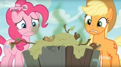 Size: 1643x908 | Tagged: safe, screencap, applejack, pinkie pie, earth pony, pony, g4, she's all yak, bucket, cowboy hat, duo, female, hat, mare, stink lines, tree-root stew, wavy mouth