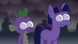 Size: 1334x750 | Tagged: safe, artist:hotdiggedydemon, spike, twilight sparkle, dragon, pony, unicorn, .mov, magic.mov, g4, caption, cloud, cloudy, female, graveyard, male, mare, meme, nervous, simpsonified, style emulation, the simpsons, youtube