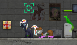 Size: 353x209 | Tagged: safe, oc, oc:littlepip, oc:pyrelight, oc:velvet remedy, balefire phoenix, pegasus, phoenix, pony, unicorn, zebra, fallout equestria, game: fallout equestria: remains, clothes, fanfic, female, game, game screencap, hooves, horn, looking at you, mare, medkit, ministry mares, ministry of peace, pipbuck, poster, propaganda, refrigerator, screenshots, shenanigans, socks, stare, text, video game