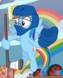 Size: 516x633 | Tagged: safe, screencap, rainbow dash, pony, g4, she's all yak, cropped, female, hockey glove, hockey mask, hockey stick, hoof hold, mare, mask, solo