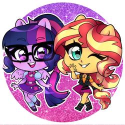 Size: 1080x1080 | Tagged: safe, artist:techycutie, sci-twi, sunset shimmer, twilight sparkle, equestria girls, g4, my little pony equestria girls: better together, chibi, couple, cute, female, glasses, happy, lesbian, one eye closed, shimmerbetes, ship:sci-twishimmer, ship:sunsetsparkle, shipping, simple background, sparkles, twiabetes, waving, weapons-grade cute, wink