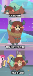 Size: 342x768 | Tagged: safe, edit, edited screencap, screencap, yona, earth pony, pegasus, pony, yak, g4, she's all yak, bow, cloven hooves, female, hair bow, mare, meme, monkey swings, text, try not to cry