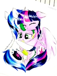 Size: 2322x3096 | Tagged: safe, artist:liaaqila, shining armor, spike, twilight sparkle, alicorn, dragon, pony, g4, commission, cute, eyes closed, female, group hug, high res, hug, male, mare, marker drawing, sparkle siblings, spikelove, traditional art, twilight sparkle (alicorn)