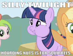 Size: 664x509 | Tagged: safe, edit, edited screencap, editor:undeadponysoldier, screencap, applejack, red gala, twilight sparkle, earth pony, pony, unicorn, friendship is magic, g4, acting like a squirrel, adorable face, apple family member, applejack's hat, caption, cheeks, cowboy hat, cropped, cute, female, freckles, hat, hoarding, image macro, mare, meme, puffy cheeks, text, unicorn twilight
