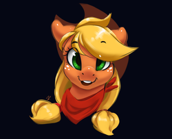 Size: 1600x1300 | Tagged: safe, artist:moondreamer16, applejack, earth pony, pony, g4, alternate hairstyle, bandana, black background, bust, cowboy hat, cute, female, hat, jackabetes, looking at you, mare, pigtails, ponytail, simple background, smiling, solo, stetson, twintails