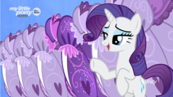 Size: 927x521 | Tagged: safe, screencap, rarity, pony, g4, she's all yak, bipedal, clothes, discovery family logo, dress, embroidery, female, fit right in, frills, hind legs, lace, mare, my little pony logo, puffy sleeves, saddle, sequins, solo, tack