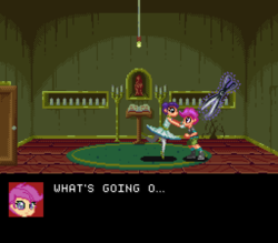 Size: 768x672 | Tagged: safe, scootaloo, equestria girls, g4, ballerina, clock tower (video game), clothes, female, hypnosis, hypnotized, imminent death, imminent murder, levitation, magic, pixel art, scissors, shorts, telekinesis, this will end in death, tutu