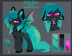 Size: 5560x4320 | Tagged: safe, artist:magnaluna, oc, oc only, oc:jade glow, bat pony, pony, adoptable, bat pony oc, chest fluff, collar, fangs, forked tongue, gray background, open mouth, reference sheet, simple background, slit pupils, solo, spiked collar, tongue out