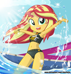 Size: 700x730 | Tagged: safe, artist:charliexe, sunset shimmer, equestria girls, g4, i'm on a yacht, my little pony equestria girls: better together, adorasexy, armpits, beautiful, belly button, bikini, bracelet, clothes, cloud, crepuscular rays, cute, female, jeweled swimsuit, jewelry, legs in the water, looking at you, midriff, open mouth, partially submerged, sexy, shimmerbetes, sky, sleeveless, solo, stupid sexy sunset shimmer, summer sunset, sunset shimmer's beach shorts swimsuit, swimsuit, water, wristband
