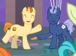 Size: 267x199 | Tagged: safe, screencap, golden crust, midnight snack (g4), sandbar, pony, unicorn, g4, she's all yak, background pony, cropped, dancing, duo, eyes closed, friendship student, male, offscreen character, ponies standing next to each other, smiling, stallion